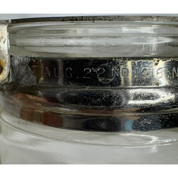 VTG Glass Syrup Pitcher With Metal Lid Etched Floral Design Marked E & JB 1916 - Picture 9 of 13